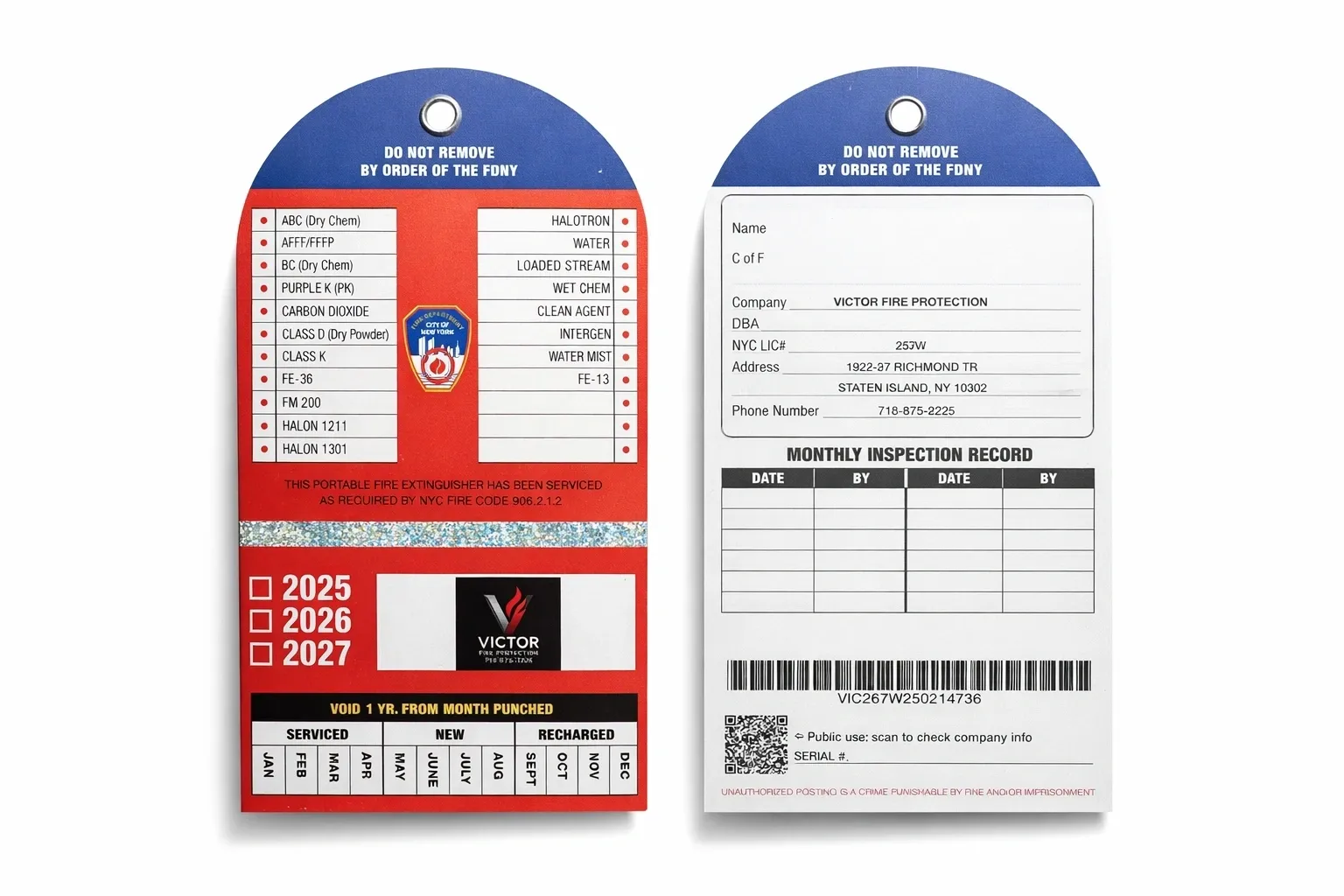 Fire extinguisher inspection tags, front and back.
