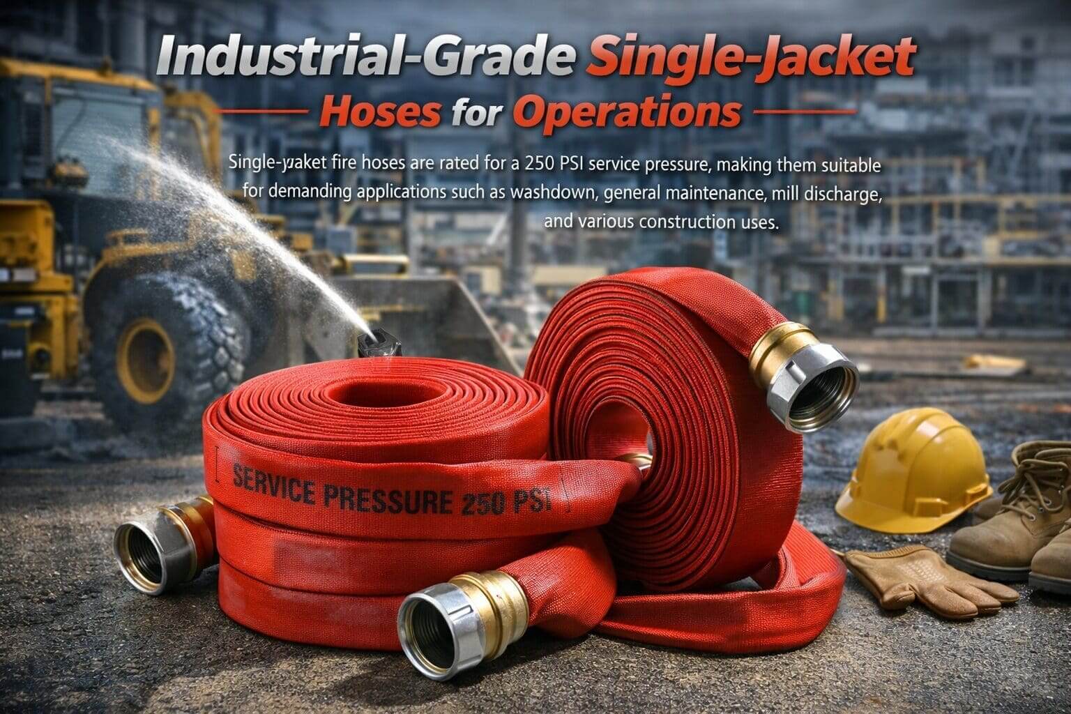 Red industrial hoses with construction background.