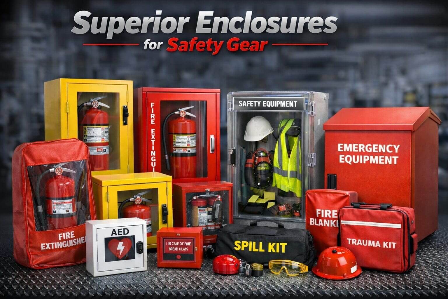 Safety gear and equipment display assortment.