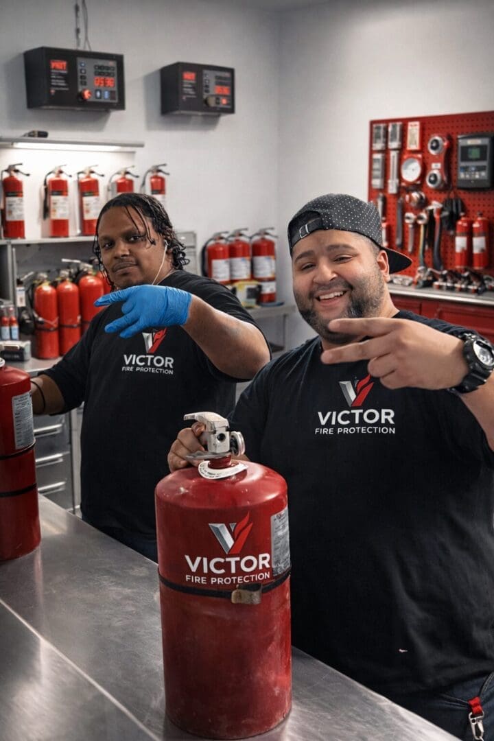 Two men checking fire extinguishers in workshop.